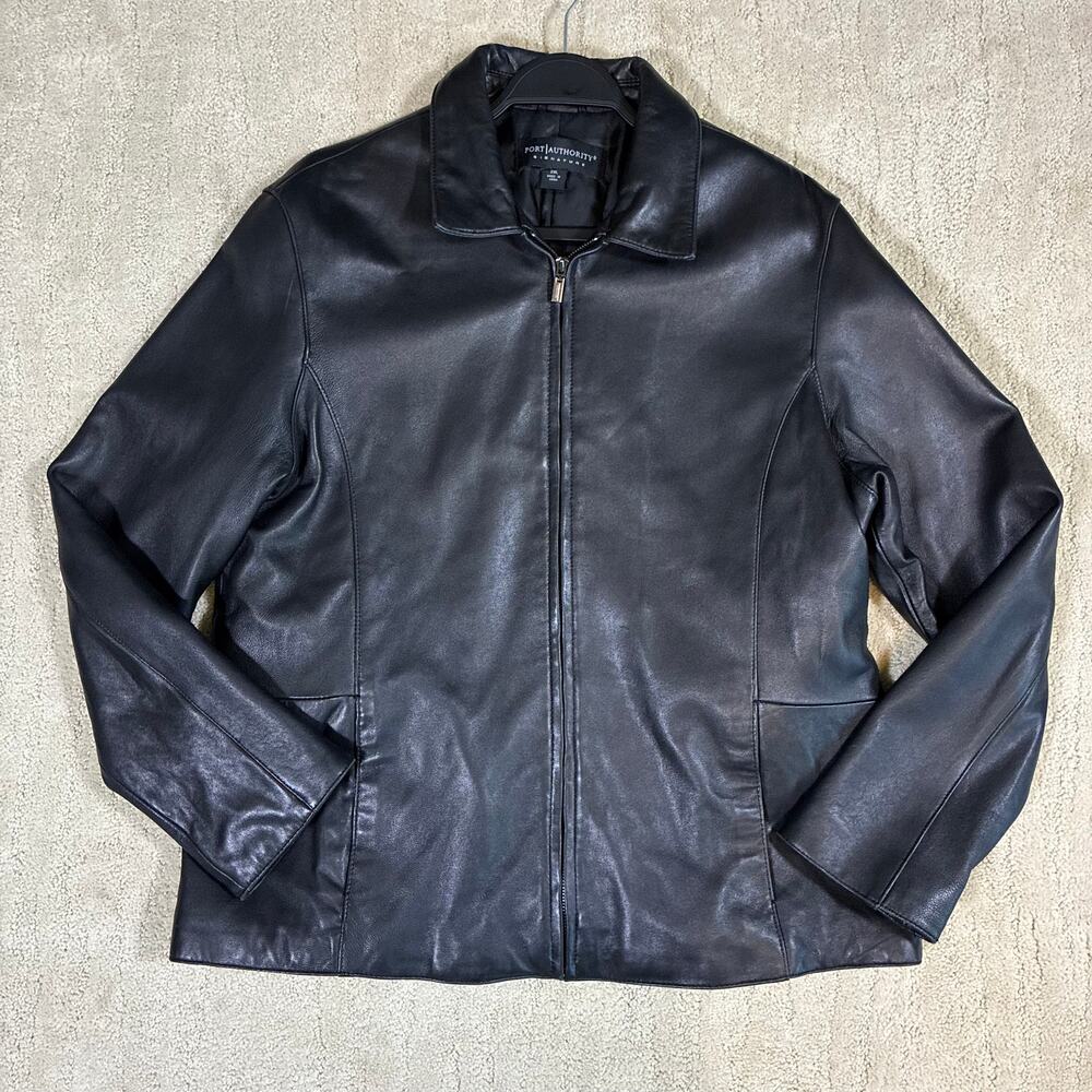 Vintage Y2K Port Authority Black Leather Bomber Jacket Women 2XL Indie Sleaze
